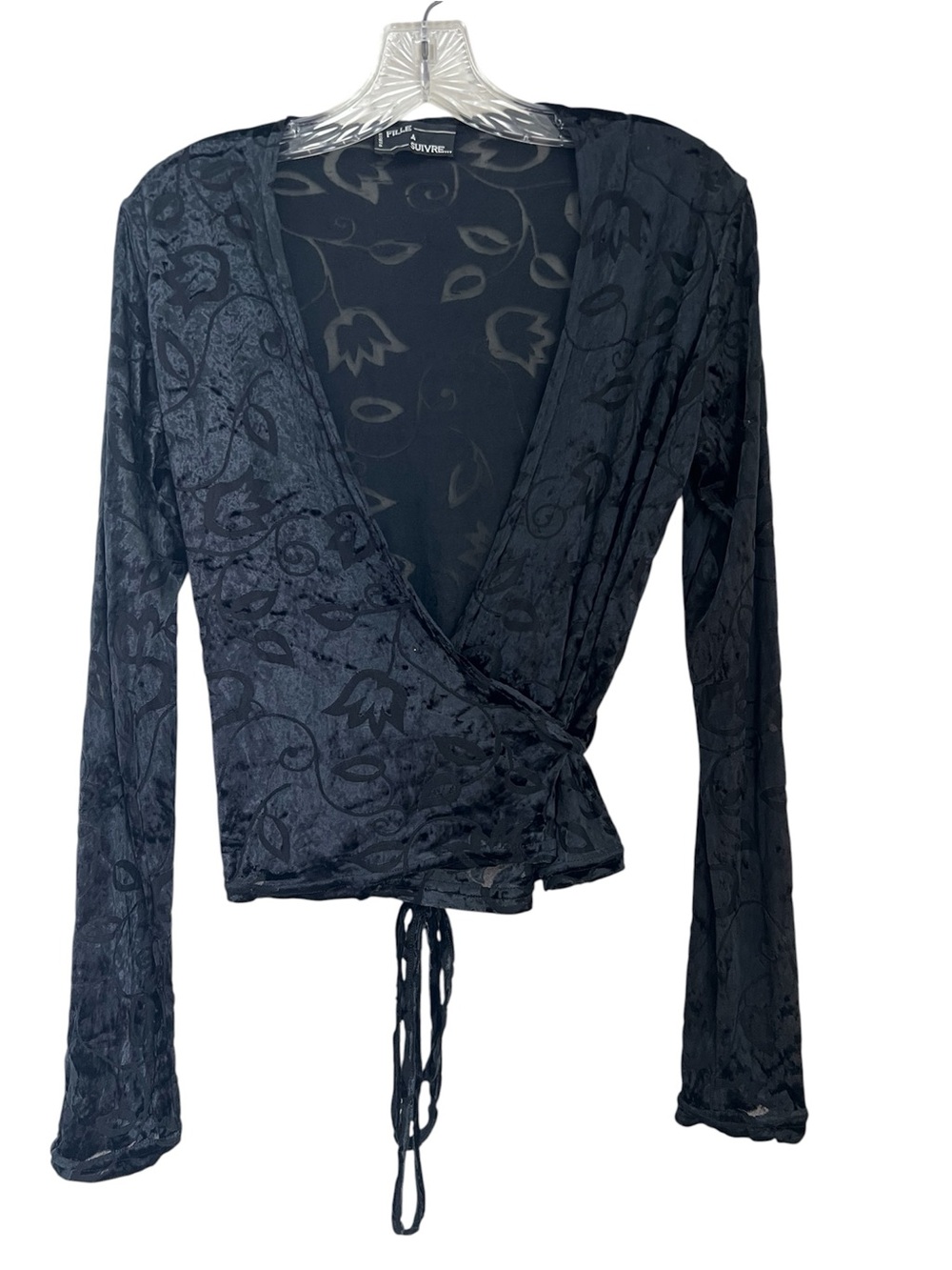 Fille A Suivre Vtg Harmonica True Wrap Top Women’s S Black Velvet Burnout Y2K